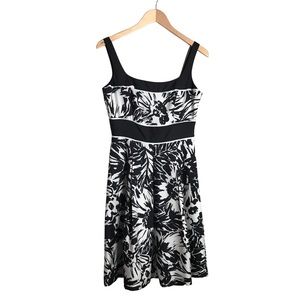 Satin Black and White Abstract Flower Print Dress by White House Black Market